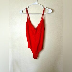 Red Bodysuit Onesie Embroidery Detail Lace Back Festival smal